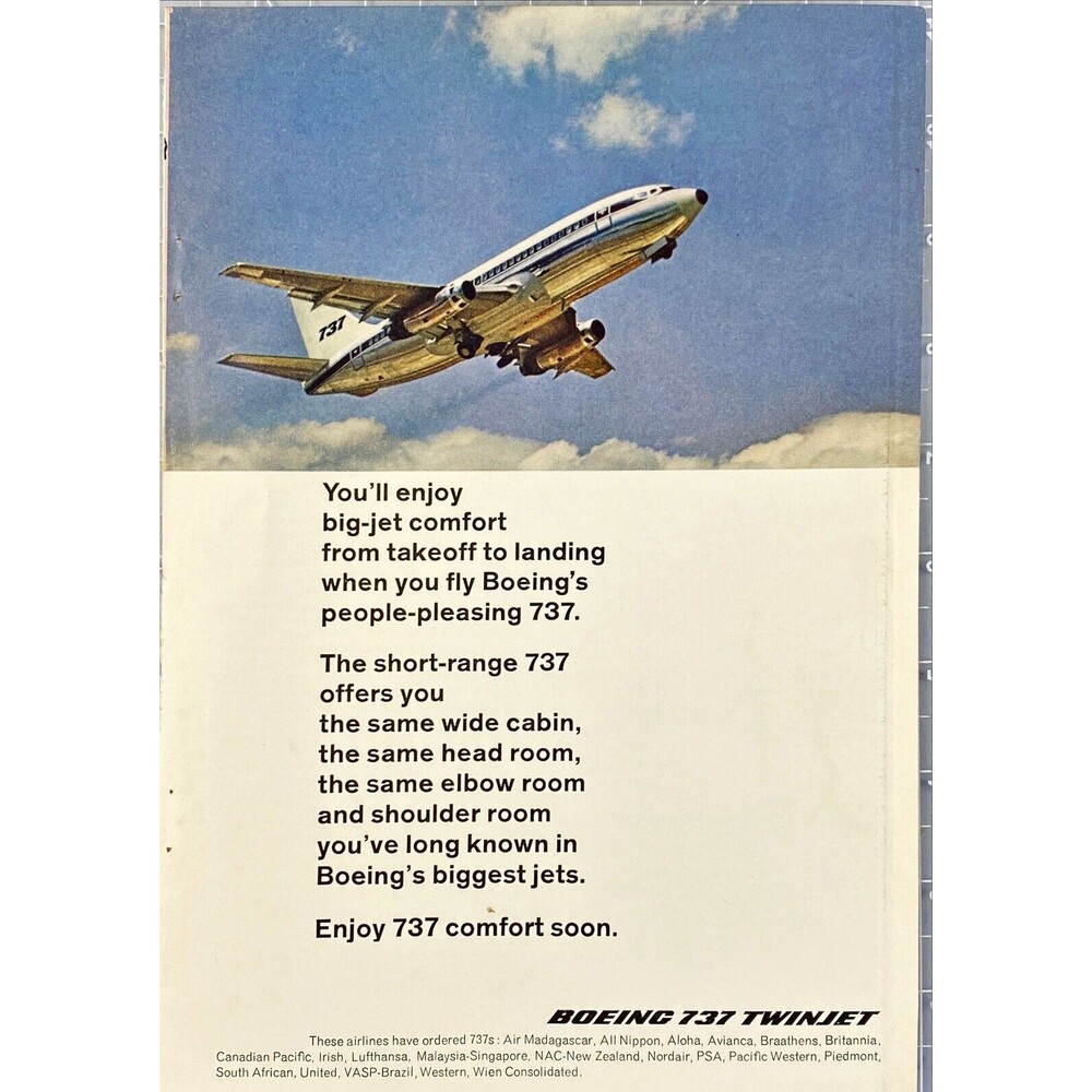 Boeing 737 Twinjet "Enjoy 737 Comfort Soon" Vintage Print Ad 1969